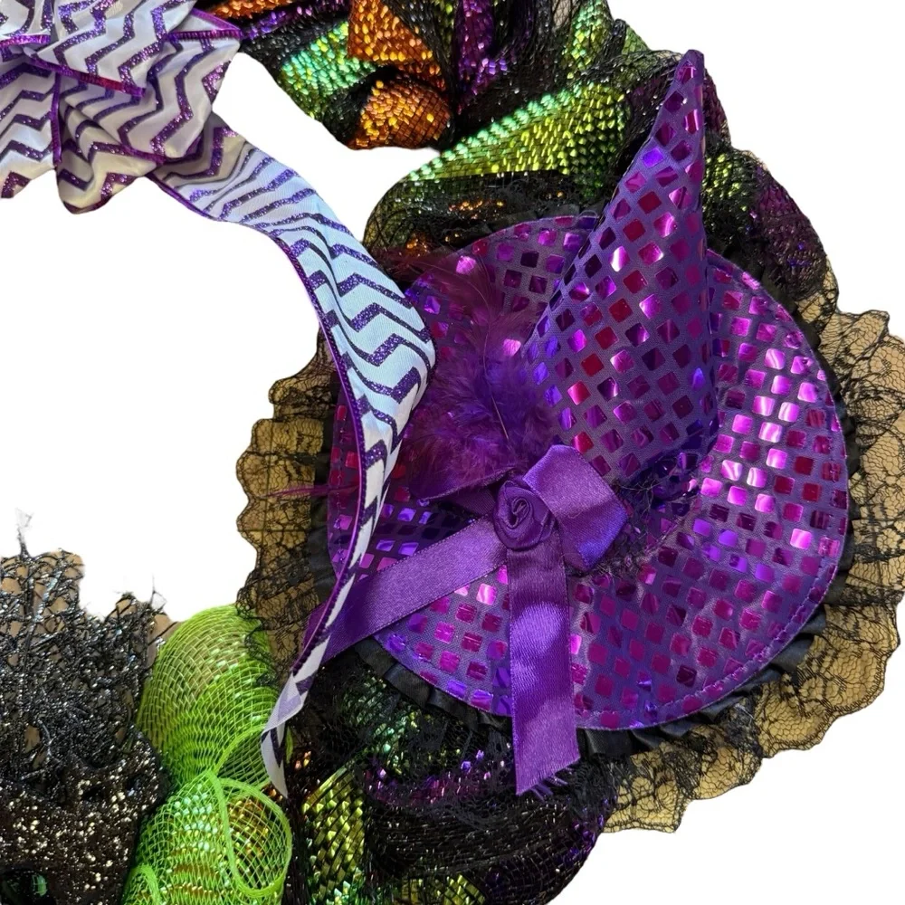 Halloween Glitter Mesh Wreath with Witch Hats, Black Cat & Purple Bow – 24″